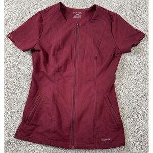 Jaanuu Womens Full Zip‎ Scrub Top Short Sleeve Burgundy XXS - Read